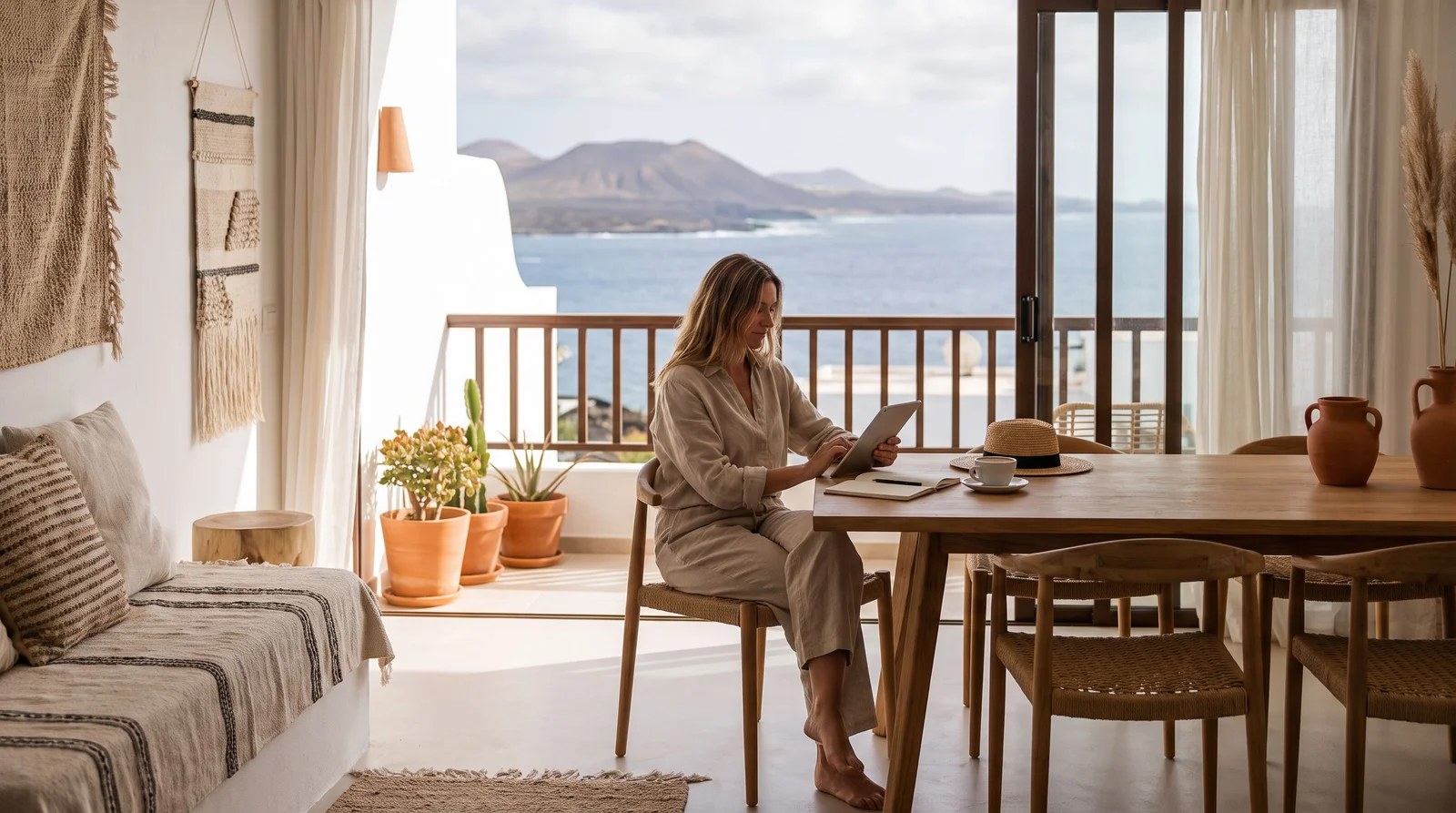 Terraza de una vivienda vacacional en Lanzarote con vistas al mar al atardecer